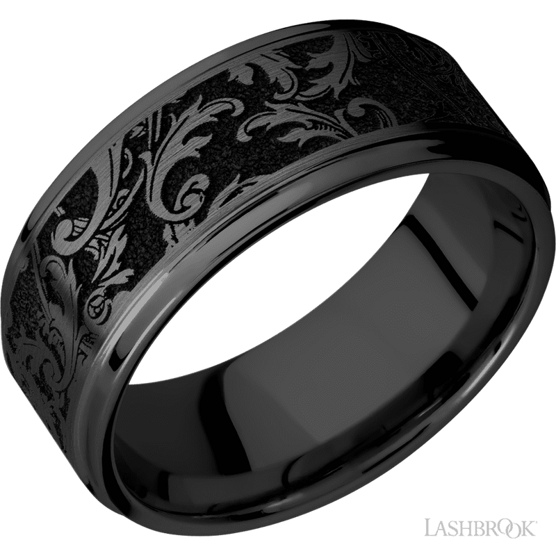 9 mm wide/Flat Grooved Edges/Zirconium band with a laser carved Black Leaf pattern.