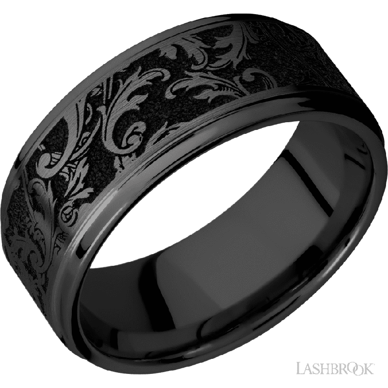 9 mm wide/Flat Grooved Edges/Zirconium band with a laser carved Black Leaf pattern.