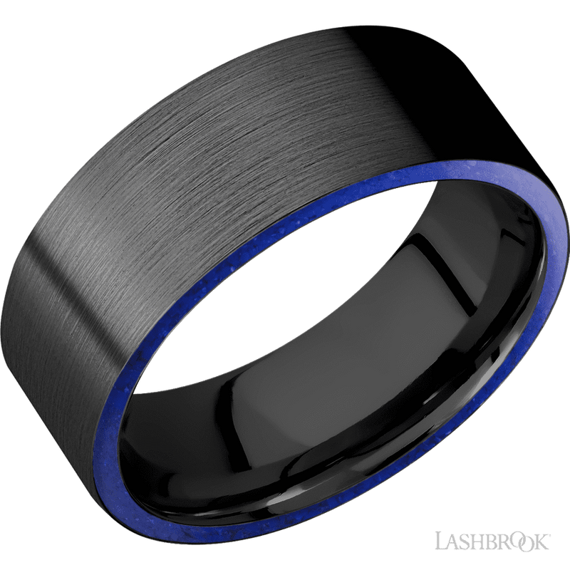 8 mm wide/Flat/Zirconium band with two 1 mm Side inlays of Lapis.