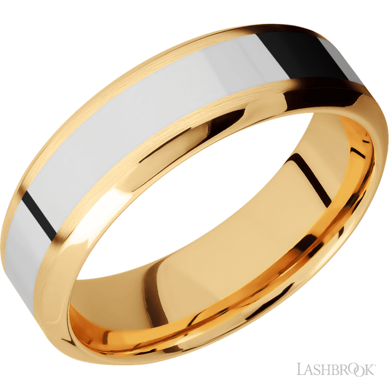 7 mm wide/High Bevel/14K Yellow Gold band with one 3 mm Centered inlay of 14K White Gold.