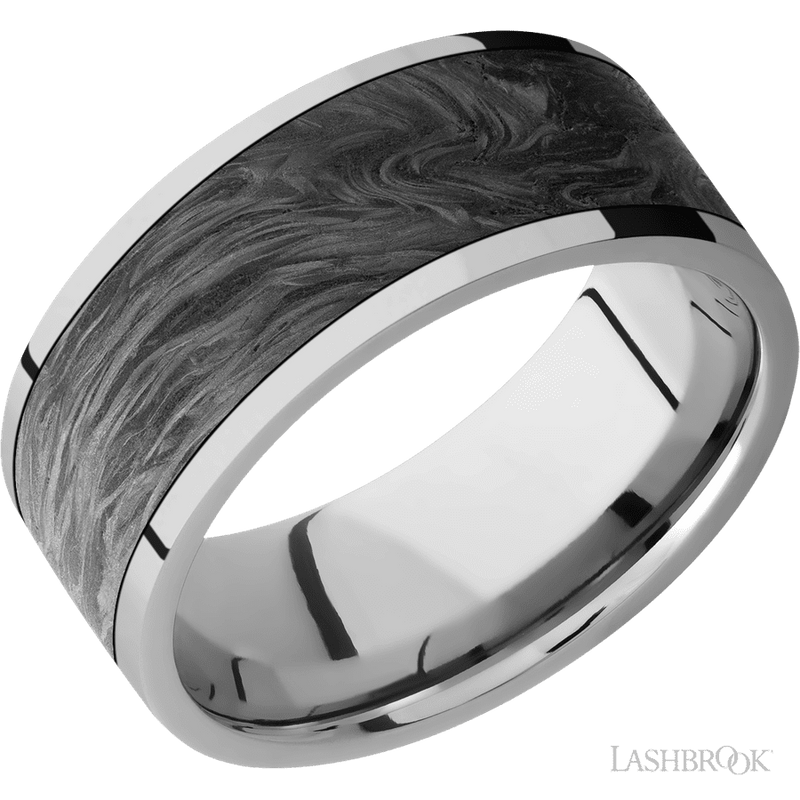 9 mm wide/Flat/Titanium band with one 7 mm Centered inlay of Forged Carbon Fiber.
