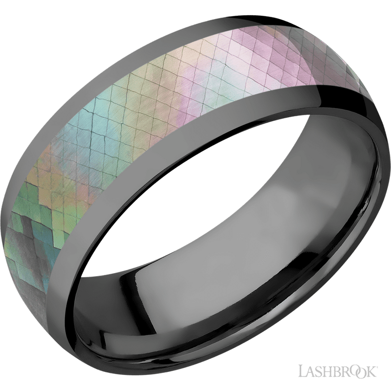 8 mm wide/Domed/Zirconium band with one 5 mm Centered inlay of Black Mother of Pearl.
