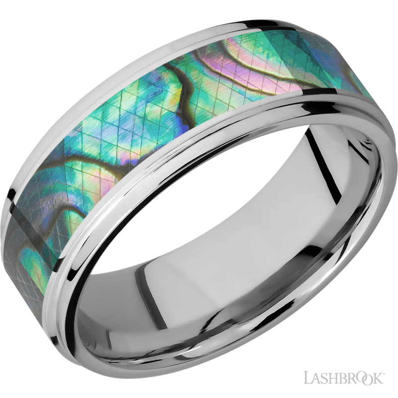 8 mm wide/Flat Grooved Edges/Cobalt Chrome band with one 5 mm Centered inlay of Abalone.