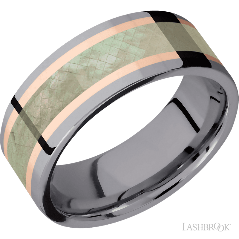 8 mm wide/Flat/Tantalum band featuring inlays of 14K Rose Gold and Freshwater Mother of Pearl.
