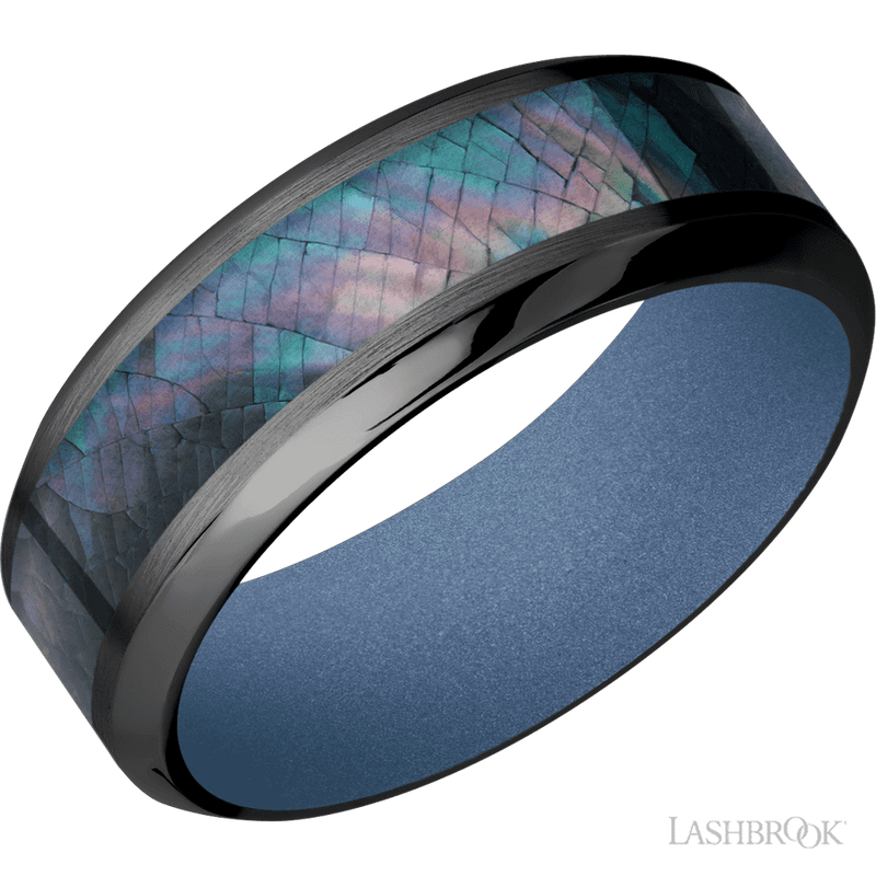 8 mm wide/High Bevel/Zirconium band with one 4 mm Centered inlay of Black Mother of Pearl also featuring a Crushed Orchid sleeve.