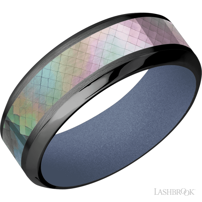 8 mm wide/High Bevel/Zirconium band with one 4 mm Centered inlay of Black Mother of Pearl also featuring a Crushed Orchid sleeve.