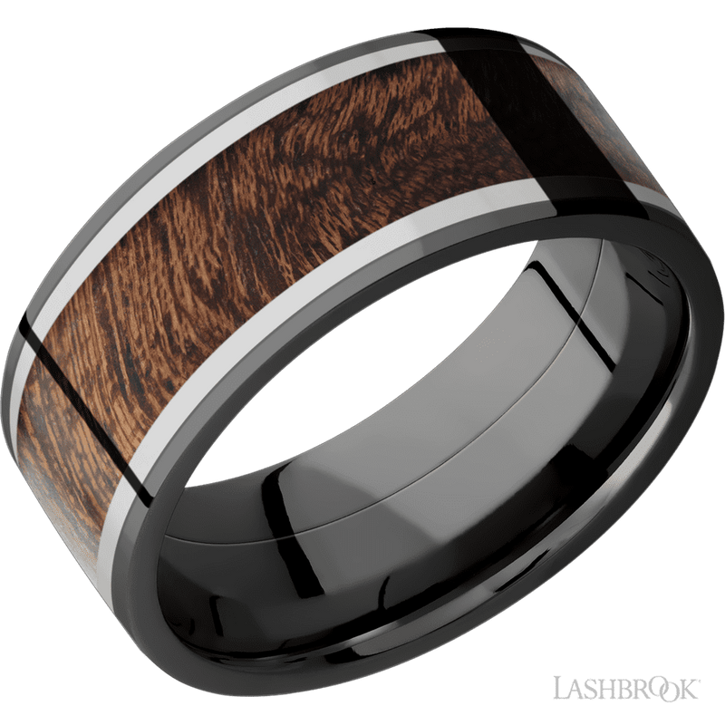 9 mm wide/Flat/Zirconium band featuring inlays of Titanium and Sapele.