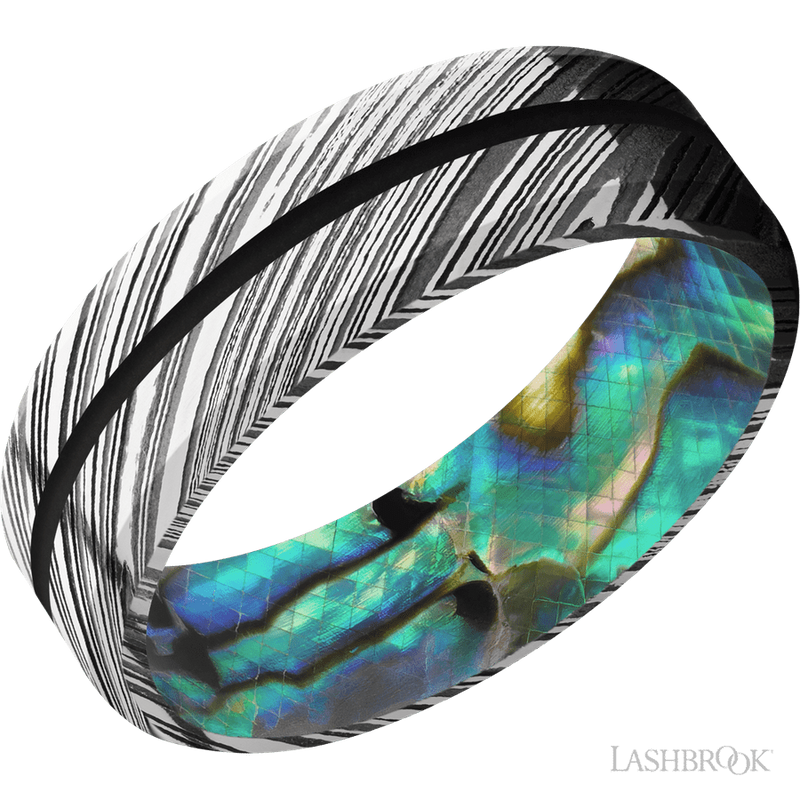 7 mm wide/Beveled/Woodgrain band with one 1 mm Centered inlay of Black also featuring a Abalone sleeve.