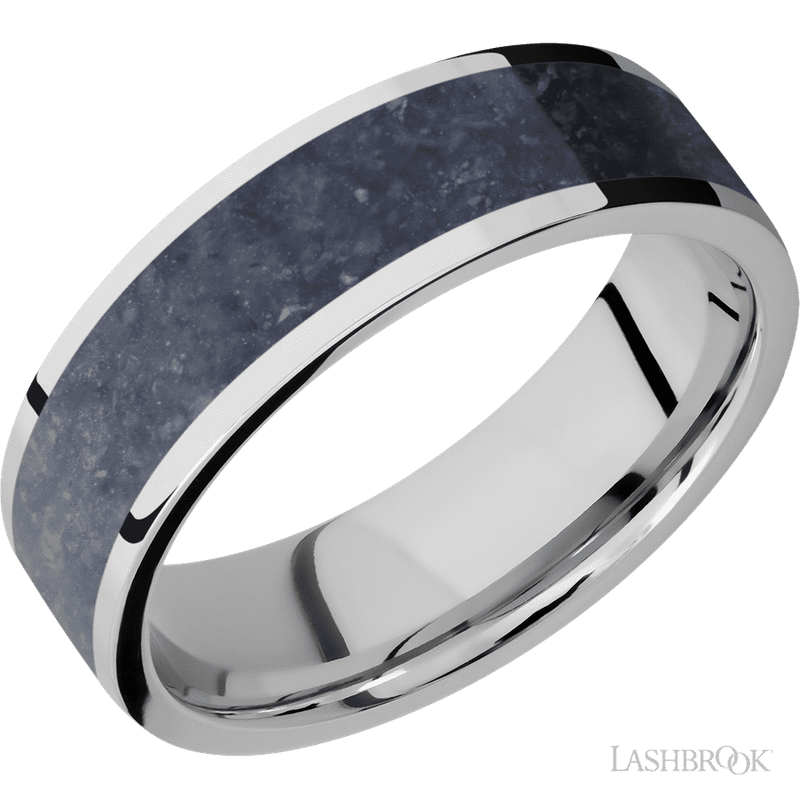 7 mm wide/Flat/Cobalt Chrome band with one 5 mm Centered inlay of Sodalite.
