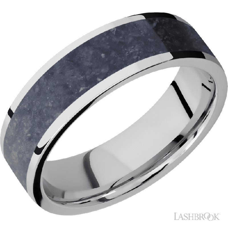 7 mm wide/Flat/Cobalt Chrome band with one 5 mm Centered inlay of Sodalite.