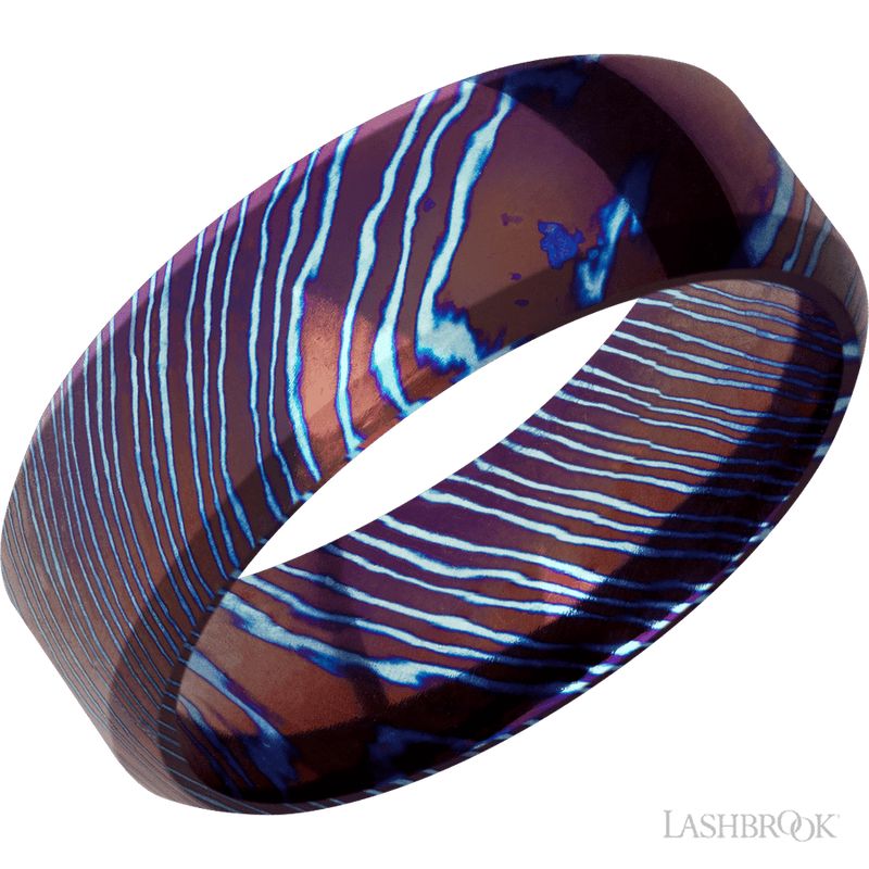 8 mm wide High Bevel Titanium Damascus band.