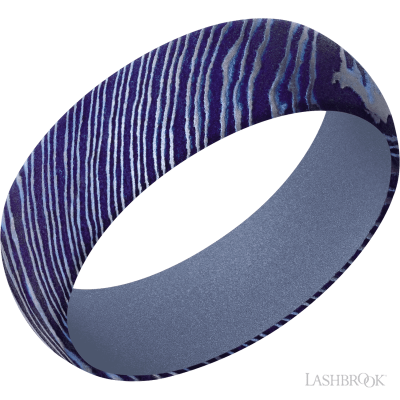 7 mm wide Domed Titanium Damascus band featuring a Crushed Orchid sleeve.