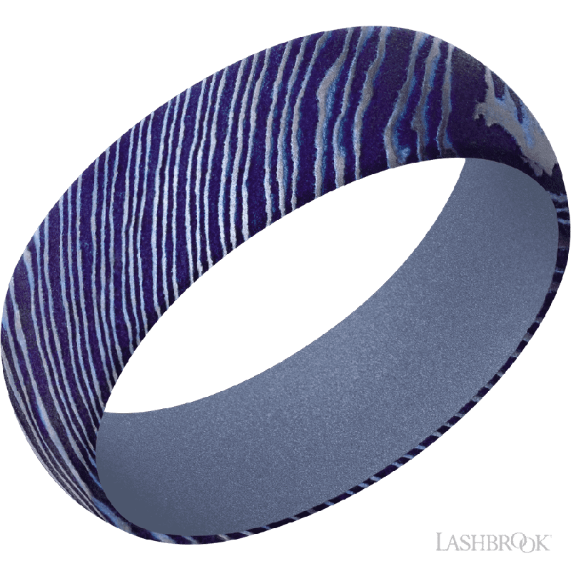 7 mm wide Domed Titanium Damascus band featuring a Crushed Orchid sleeve.