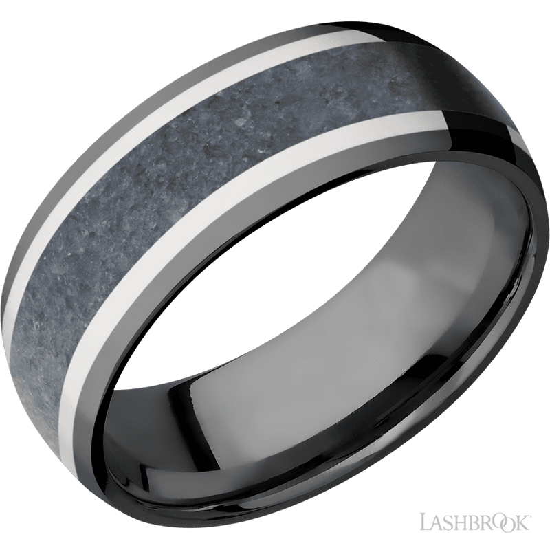 8 mm wide/Domed/Zirconium band featuring inlays of 14K White Gold and Blue Sapphire.