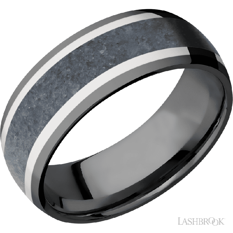 8 mm wide/Domed/Zirconium band featuring inlays of 14K White Gold and Blue Sapphire.