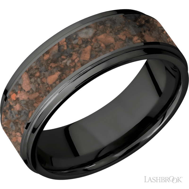 8 mm wide/Flat Grooved Edges/Zirconium band with one 5 mm Centered inlay of Desert Jasper.
