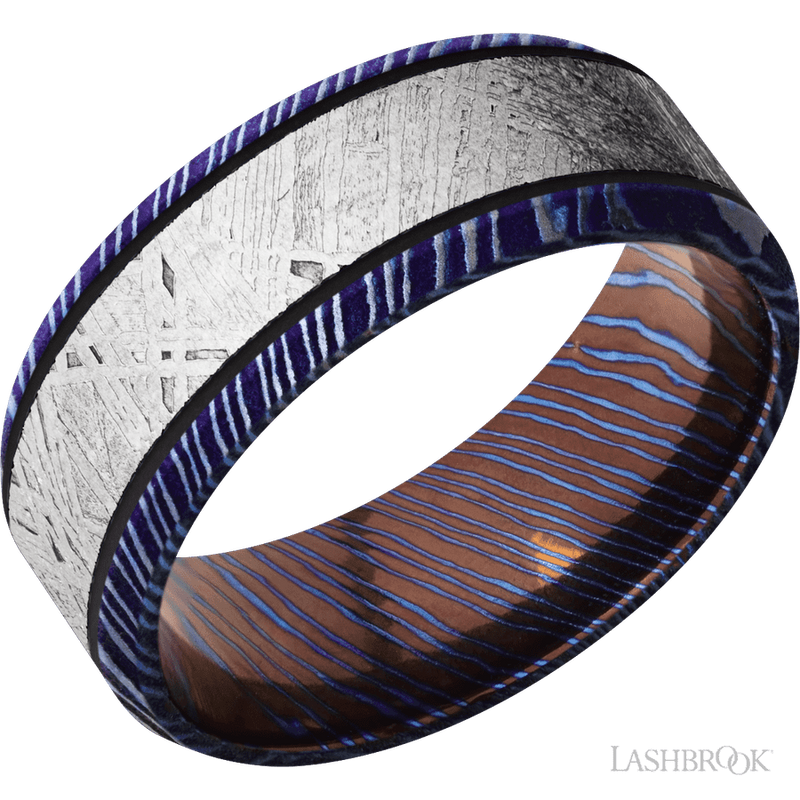 8 mm wide/Beveled/Titanium Damascus band with one 5 mm Centered inlay of Meteorite.