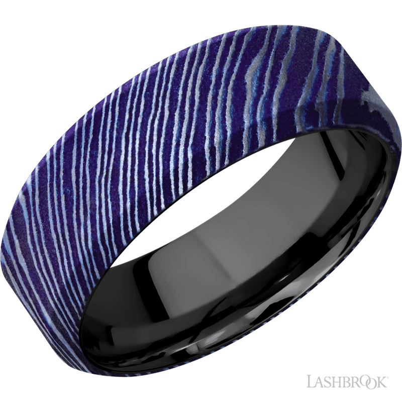 8 mm wide High Bevel Titanium Damascus band featuring a Zirconium sleeve.