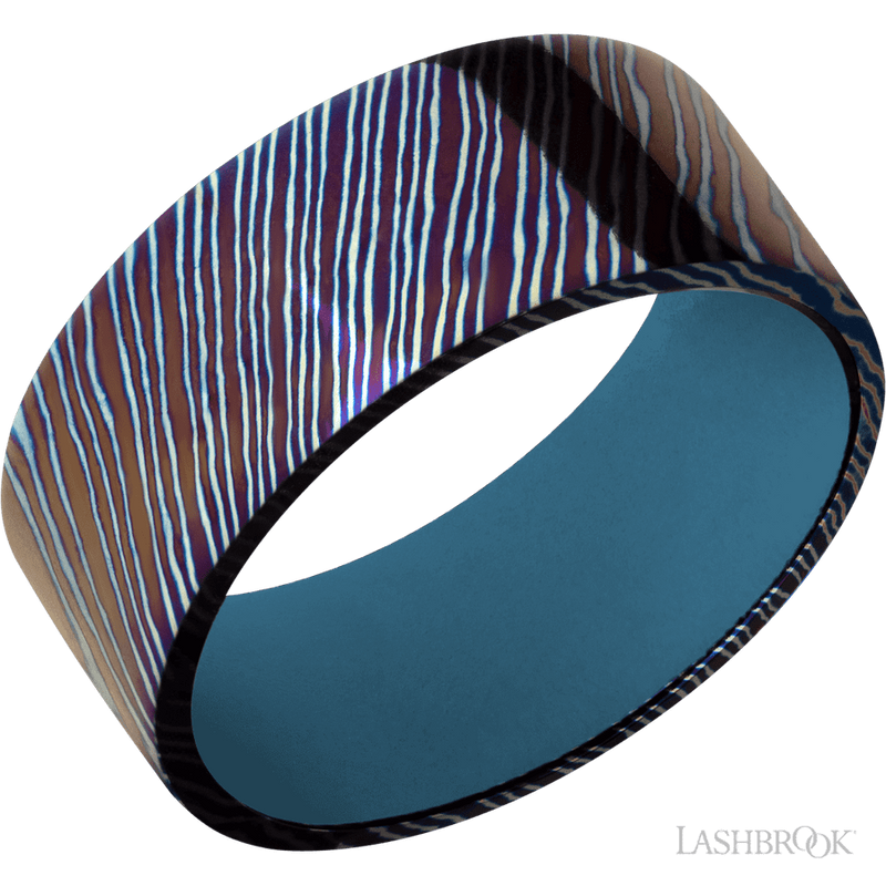 9 mm wide Flat Titanium Damascus band featuring a Royal Blue sleeve.