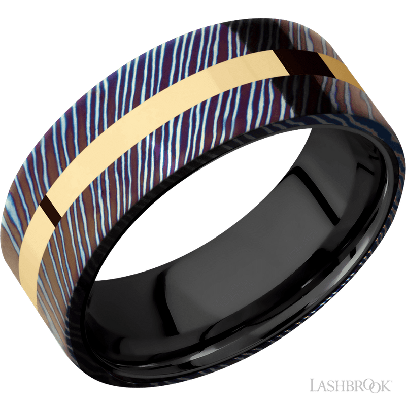 8 mm wide/Flat/Titanium Damascus band with one 2 mm Centered inlay of 14K Yellow Gold also featuring a Zirconium sleeve.