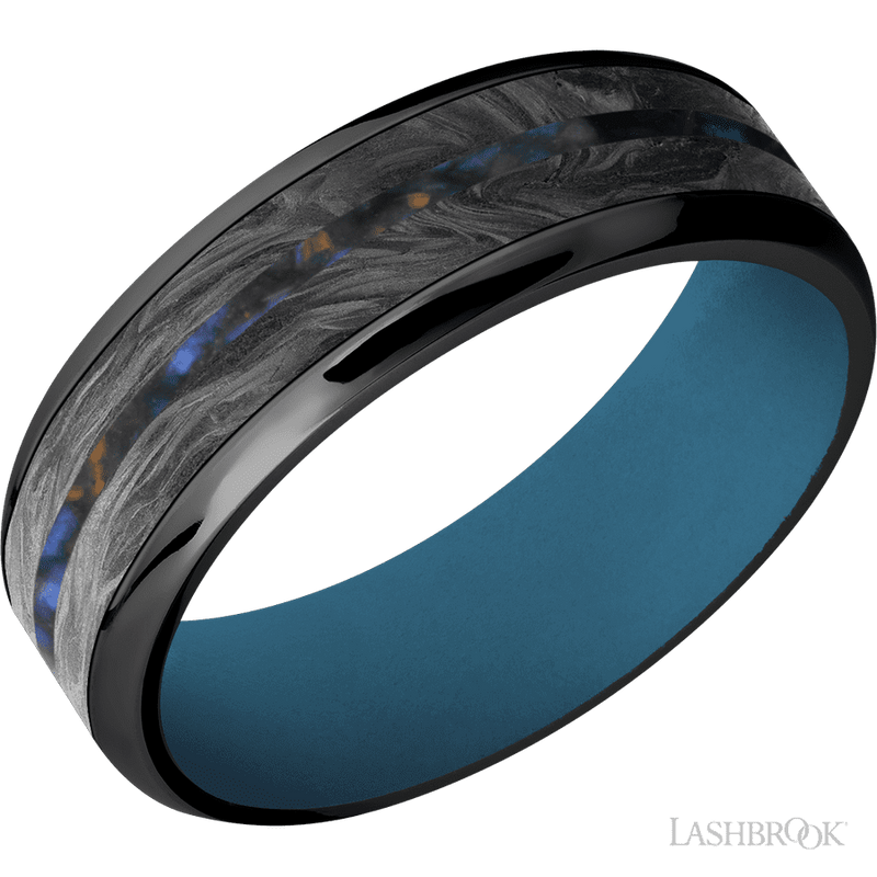 7 mm wide/Beveled/Zirconium band featuring inlays of Forged Carbon Fiber and Blue Tiger Eye also featuring a Royal Blue sleeve.