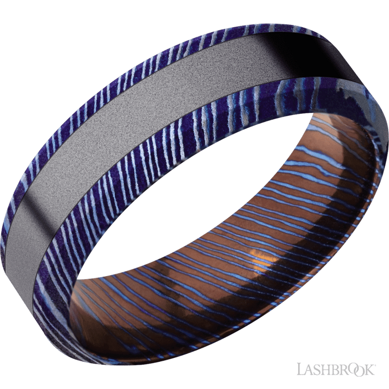 7 mm wide/High Bevel/Titanium Damascus band with one 3 mm Centered inlay of Tantalum.