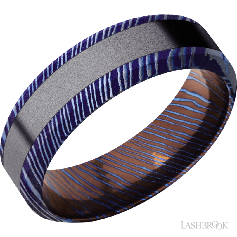 7 mm wide/High Bevel/Titanium Damascus band with one 3 mm Centered inlay of Tantalum.