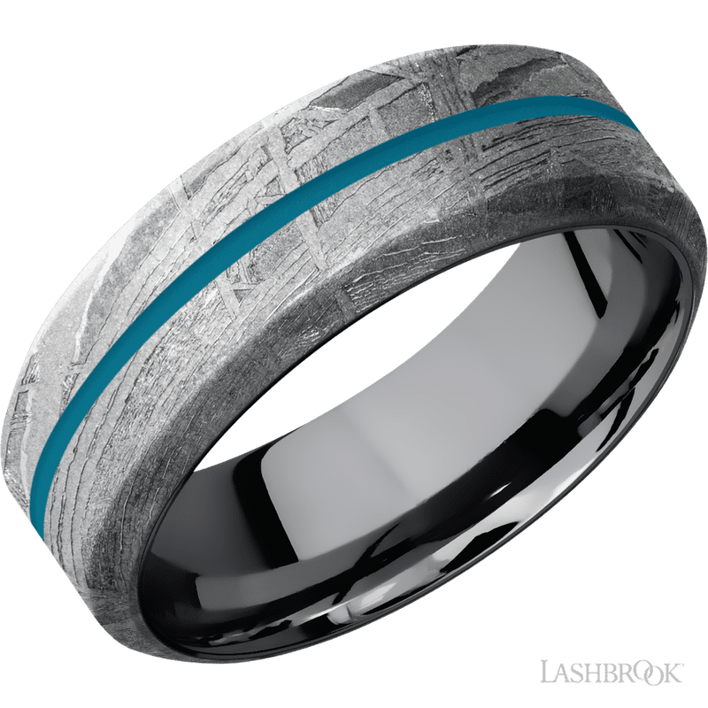 8 mm wide/High Bevel/Meteorite band with one 1 mm Centered inlay of Sea Blue also featuring a Tantalum sleeve.