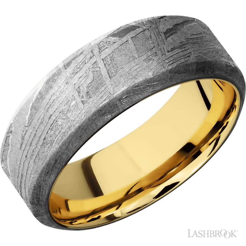 8 mm wide High Bevel Meteorite band featuring a 14K Yellow Gold sleeve.