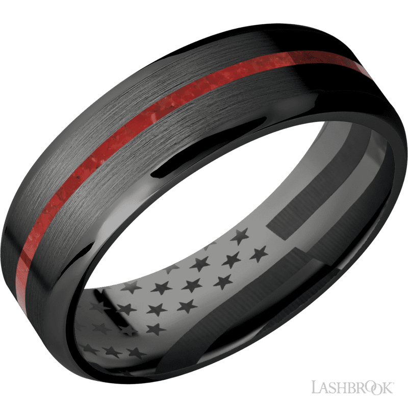 7 mm wide/Beveled/Zirconium band with one 1 mm Centered inlay of Coral.
