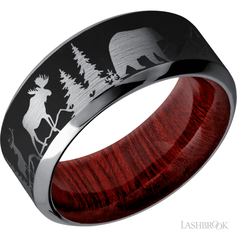 9 mm wide/High Bevel/Tantalum band with a laser carved Bear Moose Deer Mountain pattern also featuring a Blood Wood sleeve.