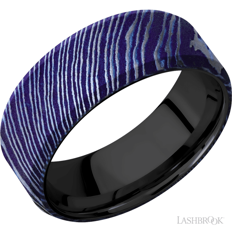 8 mm wide Beveled Titanium Damascus band featuring a Zirconium sleeve.