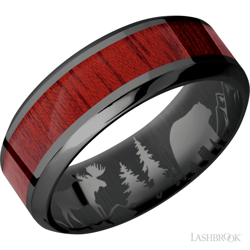 8 mm wide/High Bevel/Zirconium band with one 4 mm Centered inlay of Blood Wood.