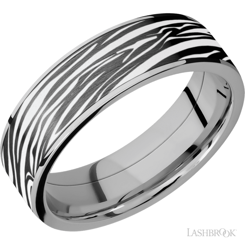 7 mm wide/Flat/Titanium band with one 6 mm Centered inlay of Zirconium with a laser carved Zebra pattern.