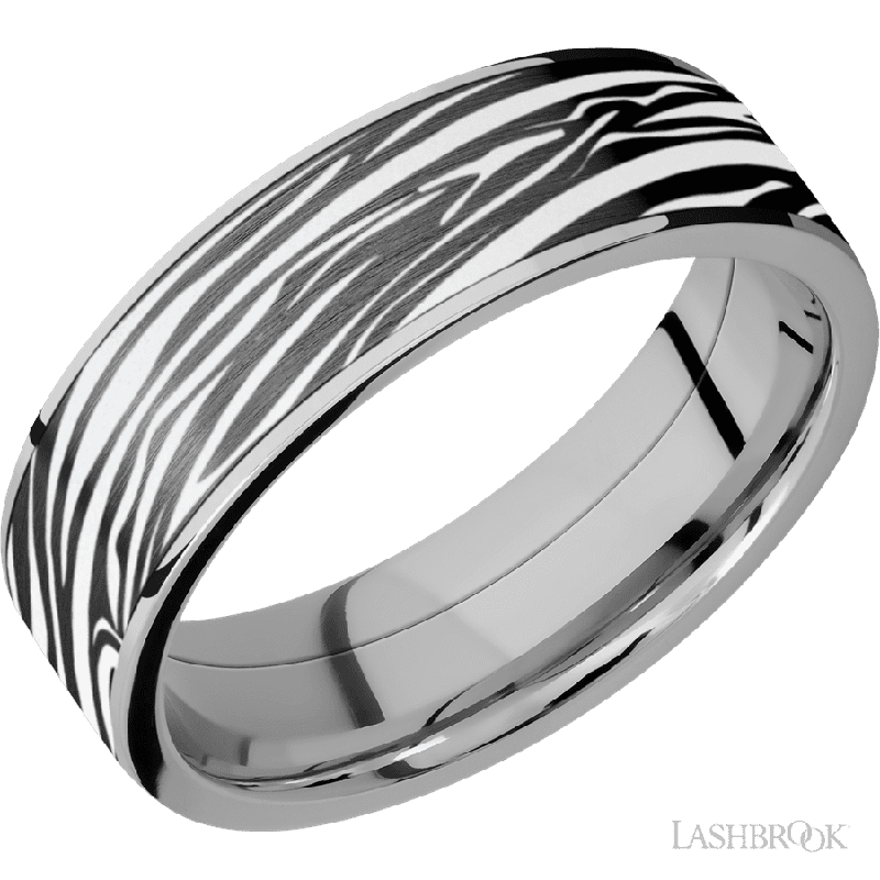7 mm wide/Flat/Titanium band with one 6 mm Centered inlay of Zirconium with a laser carved Zebra pattern.