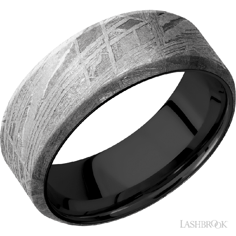 8 mm wide Beveled Meteorite band featuring a Zirconium sleeve.