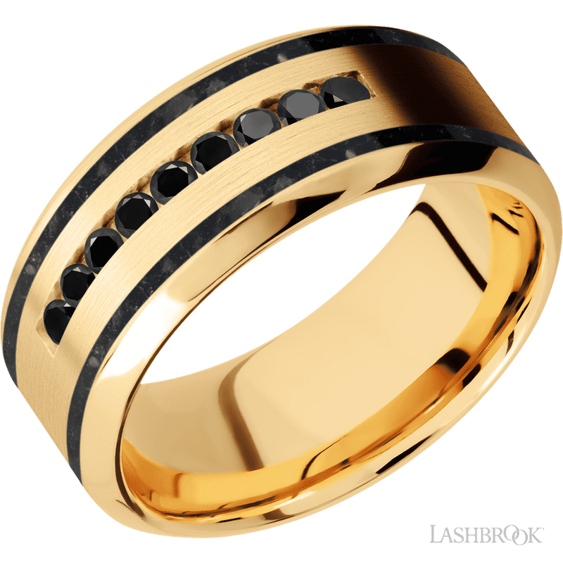 9 mm wide/High Bevel/14K Yellow Gold band with two 1 mm Wide inlays of Black Onyx and featuring an arrangement of 9, .03 carat Round Black Diamond stones in a Channel setting
