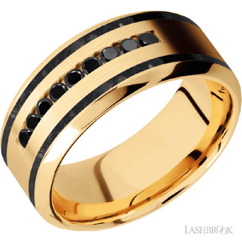 9 mm wide/High Bevel/14K Yellow Gold band with two 1 mm Wide inlays of Black Onyx and featuring an arrangement of 9, .03 carat Round Black Diamond stones in a Channel setting