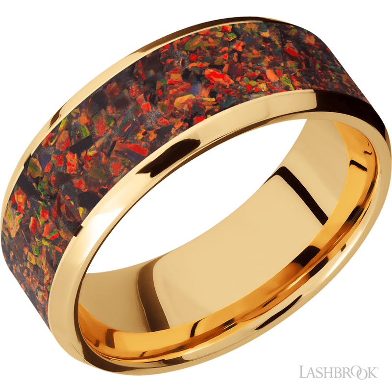 8 mm wide/Beveled/14K Yellow Gold band with one 6 mm Centered inlay of Red Opal.