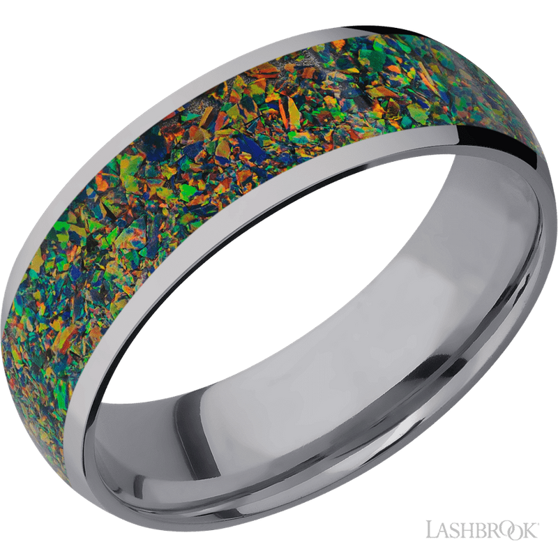 7 mm wide/Domed/Tantalum band with one 5 mm Centered inlay of Black Opal.