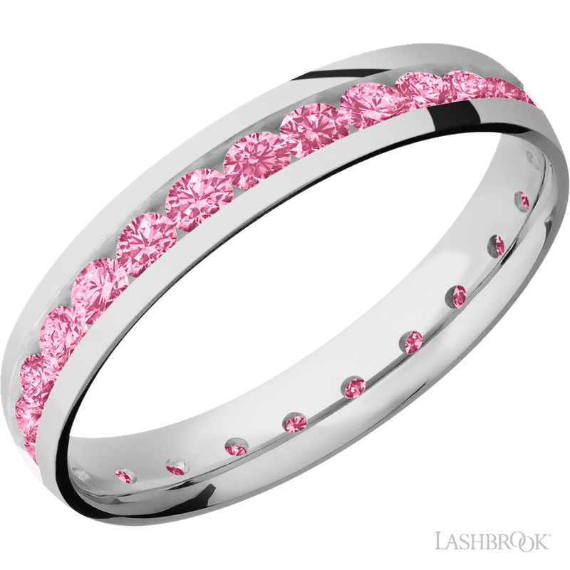 4 mm wide/Domed/Cobalt Chrome band with an Eternity arrangement of .07 carat Round Lab Dark Pink Diamond stones in a Channel setting.