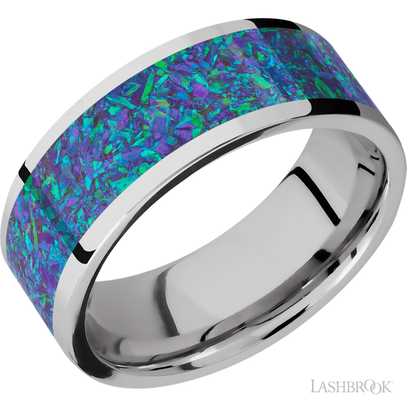 8 mm wide/Flat/Cobalt Chrome band with one 6 mm Centered inlay of Blue Green Opal.