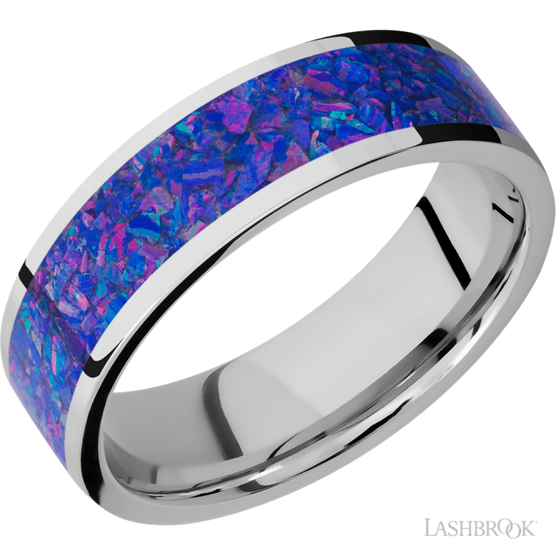 7 mm wide/Flat/Cobalt Chrome band with one 5 mm Centered inlay of Purple Opal.