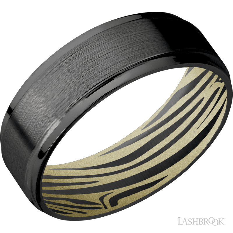 7 mm wide Flat Grooved Edges Zirconium band featuring a Bright Nickel sleeve.