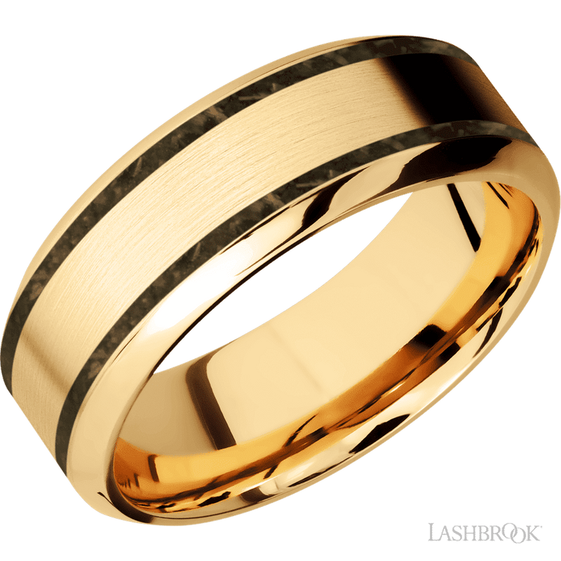 8 mm wide/High Bevel/14K Yellow Gold band with two 1 mm Wide inlays of Gold Tiger Eye.