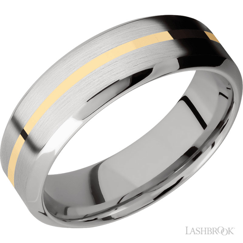 7 mm wide/High Bevel/14K White Gold band with one 1 mm Centered inlay of 14K Yellow Gold.