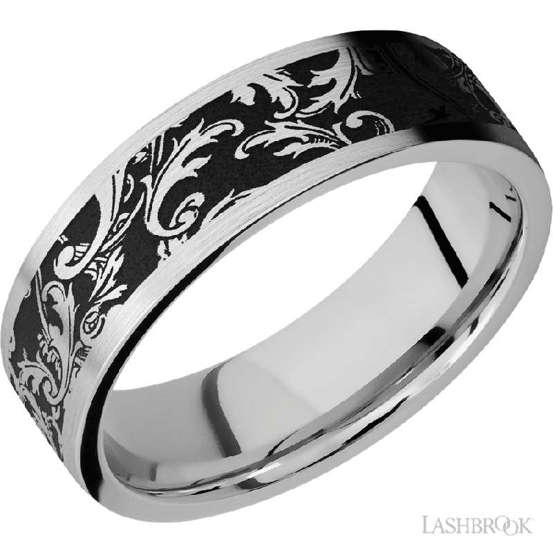 7 mm wide/Flat/Cobalt Chrome band with a laser carved Black Leaf pattern.