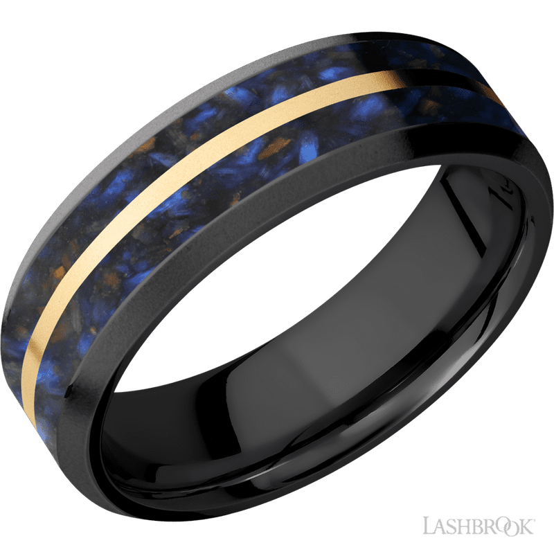 7 mm wide/Beveled/Zirconium band featuring inlays of Blue Tiger Eye and 14K Yellow Gold.