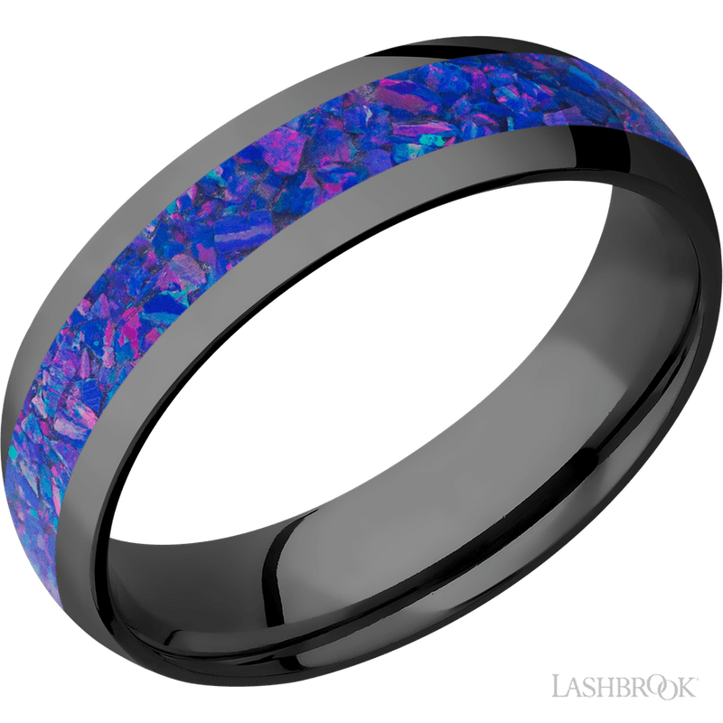 6 mm wide/Domed/Zirconium band with one 3 mm Centered inlay of Purple Opal.