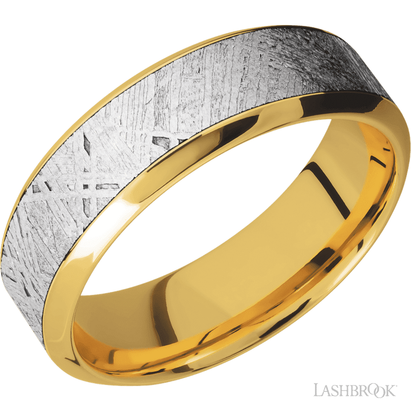 7 mm wide/High Bevel/18K Yellow Gold band with one 4 mm Centered inlay of Meteorite.